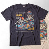 Taco Gear Always Fresh Racing t-shirt with vintage skull and racecar graphic, bold “Born in TX” text, and retro motorsport design on black and sand tees.