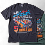 Taco Gear Tres de Asada Racing t-shirt featuring vintage racecar graphic, bold “Harina y Maíz” text, and checkered flag design on black and green tees.