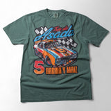 Taco Gear Tres de Asada Racing t-shirt featuring vintage racecar graphic, bold “Harina y Maíz” text, and checkered flag design on black and green tees.