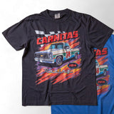 Taco Gear Carnitas Racing t-shirt featuring vintage pickup truck graphic, bold “Carnitas” text, and retro racing design on black and blue tees.