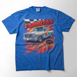 Taco Gear Carnitas Racing t-shirt featuring vintage pickup truck graphic, bold “Carnitas” text, and retro racing design on black and blue tees.