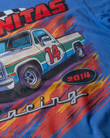 Taco Gear Carnitas Racing t-shirt featuring vintage pickup truck graphic, bold “Carnitas” text, and retro racing design on black and blue tees.