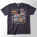 Taco Gear Always Fresh Racing t-shirt with vintage skull and racecar graphic, bold “Born in TX” text, and retro motorsport design on black and sand tees.