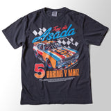 Taco Gear Tres de Asada Racing t-shirt featuring vintage racecar graphic, bold “Harina y Maíz” text, and checkered flag design on black and green tees.