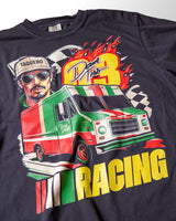 Taco Gear Dame Tres Racing t-shirt with vintage taco truck graphic, taquero illustration, and bold racing design on black tee.