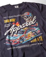 Taco Gear Always Fresh Racing t-shirt with vintage skull and racecar graphic, bold “Born in TX” text, and retro motorsport design on black and sand tees.