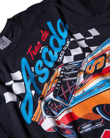 Taco Gear Tres de Asada Racing t-shirt featuring vintage racecar graphic, bold “Harina y Maíz” text, and checkered flag design on black and green tees.