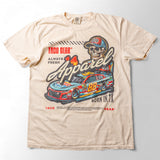 Taco Gear Always Fresh Racing t-shirt with vintage skull and racecar graphic, bold “Born in TX” text, and retro motorsport design on black and sand tees.