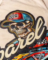 Taco Gear Always Fresh Racing t-shirt with vintage skull and racecar graphic, bold “Born in TX” text, and retro motorsport design on black and sand tees.