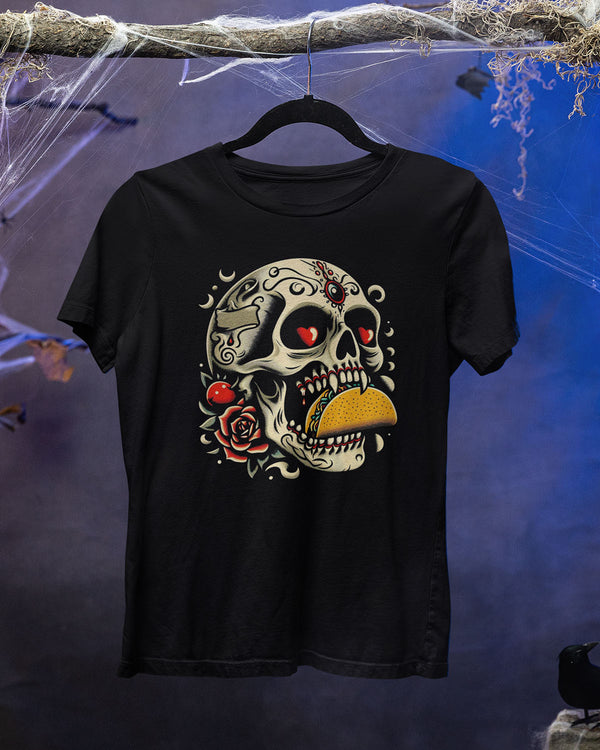 vampire taco shirt with a vampire skull that has a taco in it's mouth from taco gear in corpus christi texas