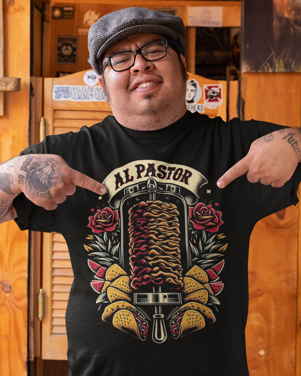 al pastor tacos shirt from taco gear in corpus christi, texas on male hispanic model