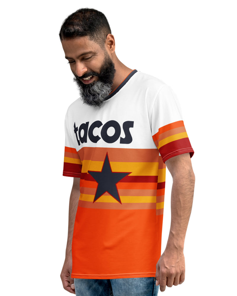 houston tacos taco gear baseball jersey shirt with tortillas on the back
