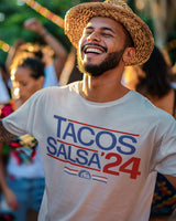 tacos and salsa 2024 shirt from taco gear in corpus christi on a latino model